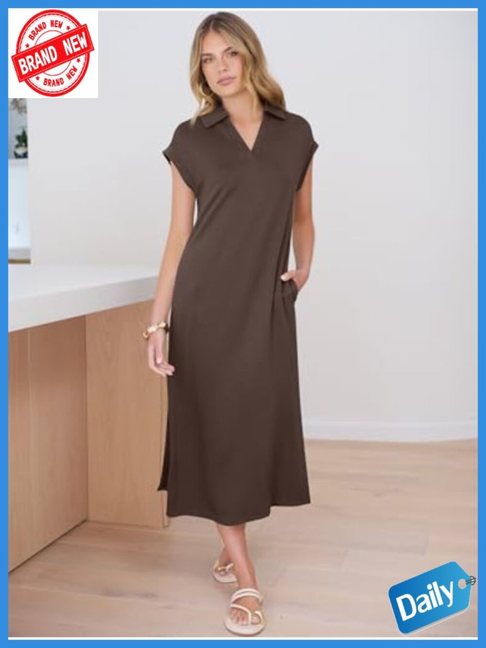 Short Sleeve V-Neck Maxi Dress with Pockets, Casual Loose Fit, Wrinkle-Free - Picture 5 of 6